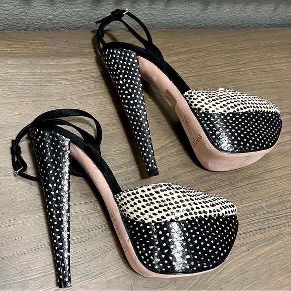 Giambattista Valli Black Ivory Polka Dot Snakeskin Peep Toe platform Sandal 38 8 - Picture 10 of 13